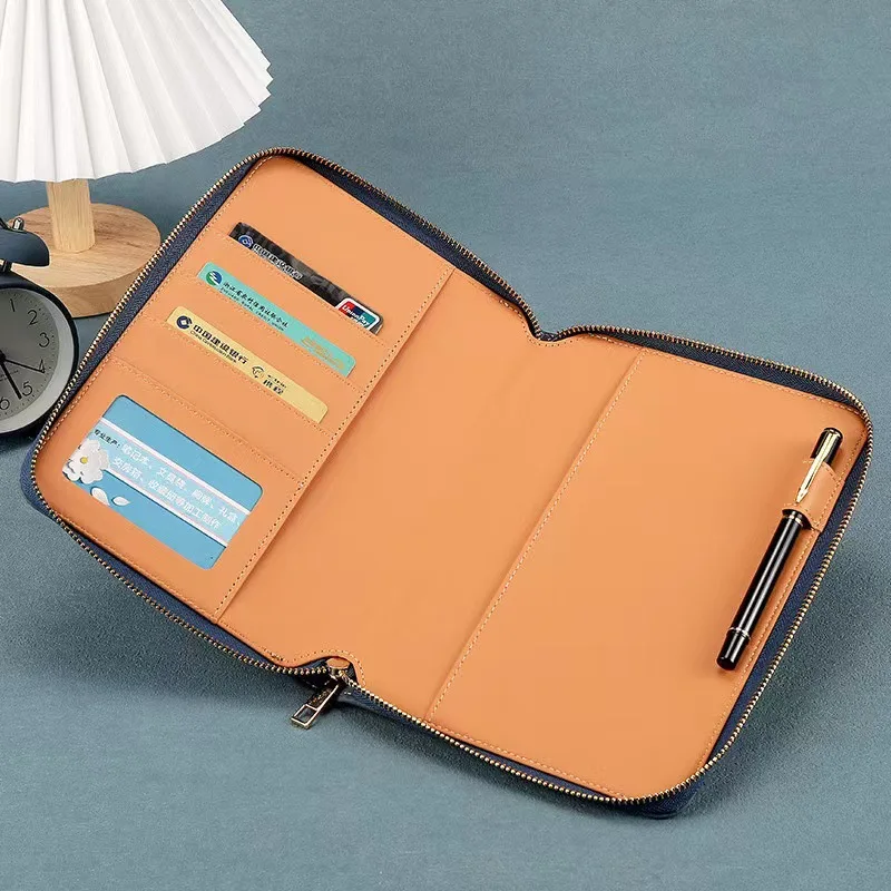 Factory customize A4 PU leather portfolio folders Travel Notebook zipper Padfolio Folder