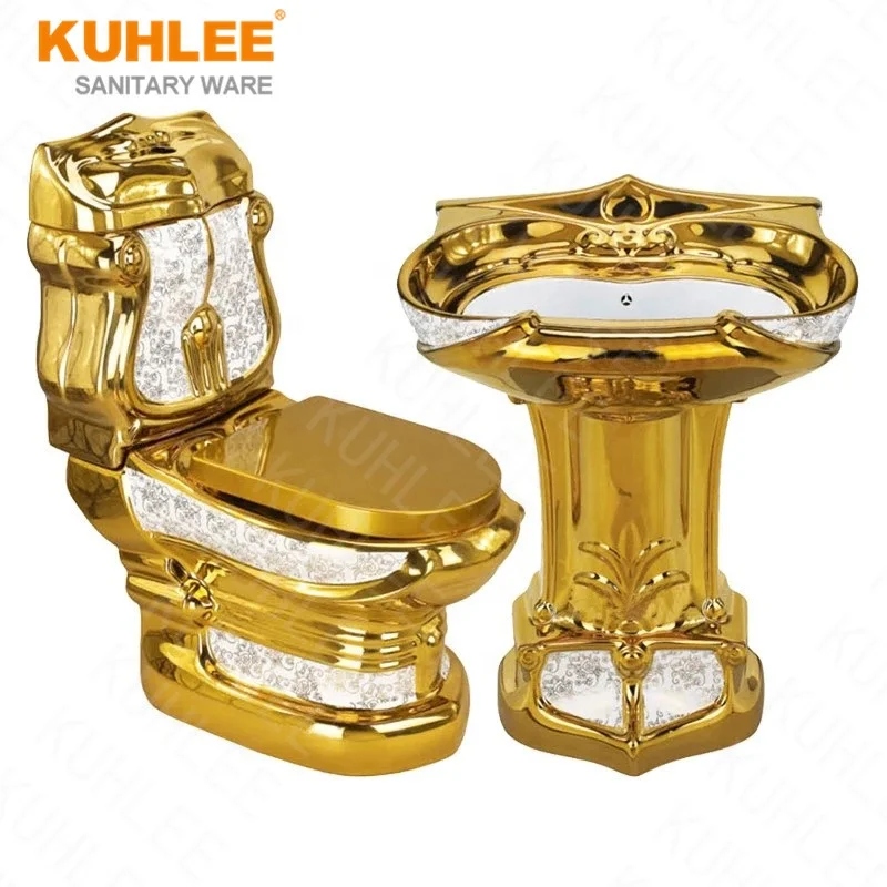 New Gold Toilet Sets Luxury Bathroom Suite Two Piece Toilet Bowl Water Closet With Pedestal Basin