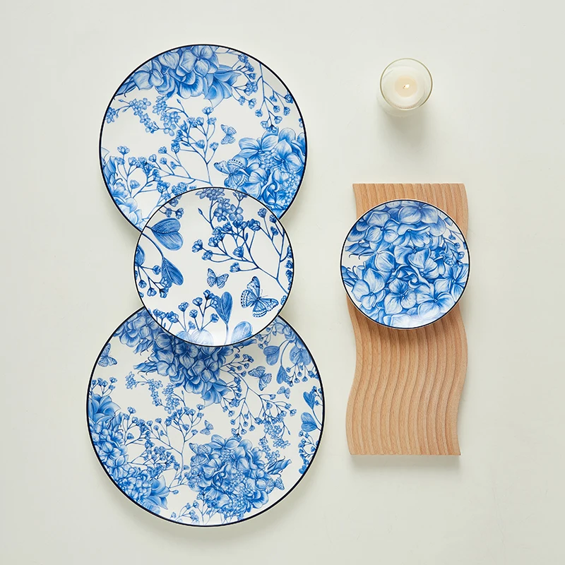 Синий дизайн, керамические обеденные тарелки, домашняя посуда, фарфоровые наборы тарелок