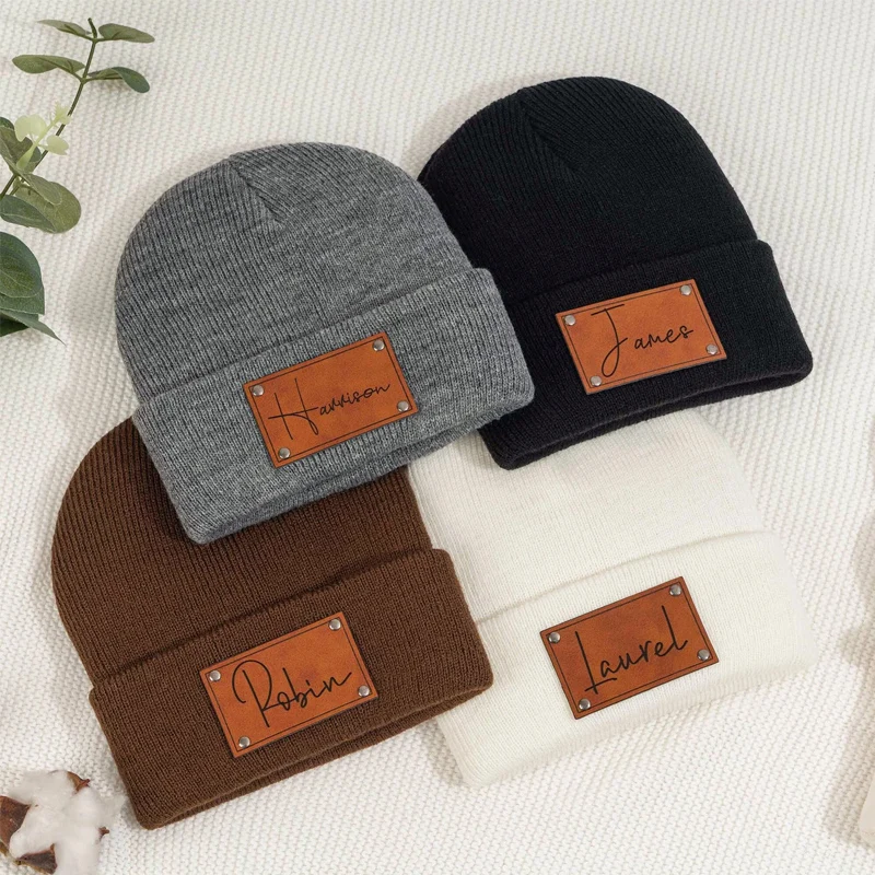Custom Infant Beanie with Name Newborn Baby winter hats Personalized Leather Patch Beanies for Baby Kid Knitted Hat
