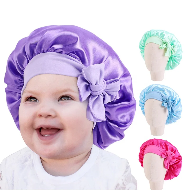 WD-A1233  Solid Satin Silk Bonnet with Band Tie Baby Sleep Cap Bowknot Kids Baby Night Sleep Cap Makeup Cap Children Nightcap