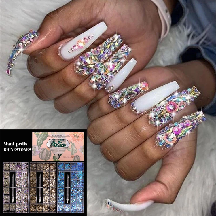 Multi Shapes Glass Diamond Nail Art Gem Kit Iridescent 3D Flatback Ab Color Nail Crystals Rhinestones Stone For Decor