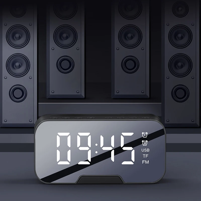 
EMAF modern digital LED table speaker alarm clock BT speaker fm radio mirror alarm clock with FM radio TF card function 