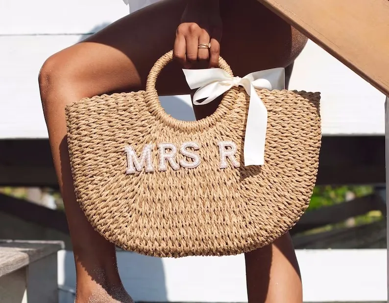 Bridesmaid Beach Bag Customized Straw Bags Personalized Straw Basket Bridal Shower Bag White Pearl & Rhinestone Letter Patches