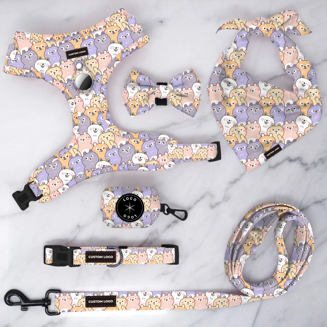 Adorable woof paws design printed dog harness set petshop puppy lovely dog leash and poop bag holder wholesale