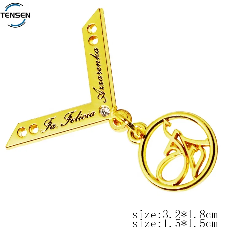 Fashion garment accessory metal name tags gold plated enamel letter label clothing sewing plate with round logo