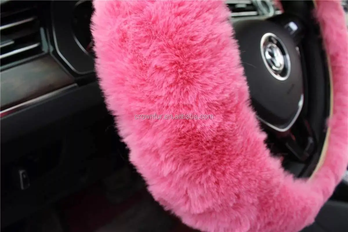 8 Pcs Gift Set Women Winter Fashion Wool Fur Soft Pink Furry Steering Wheel Covers Fuzzy  Warm Non-slip Car Decoration