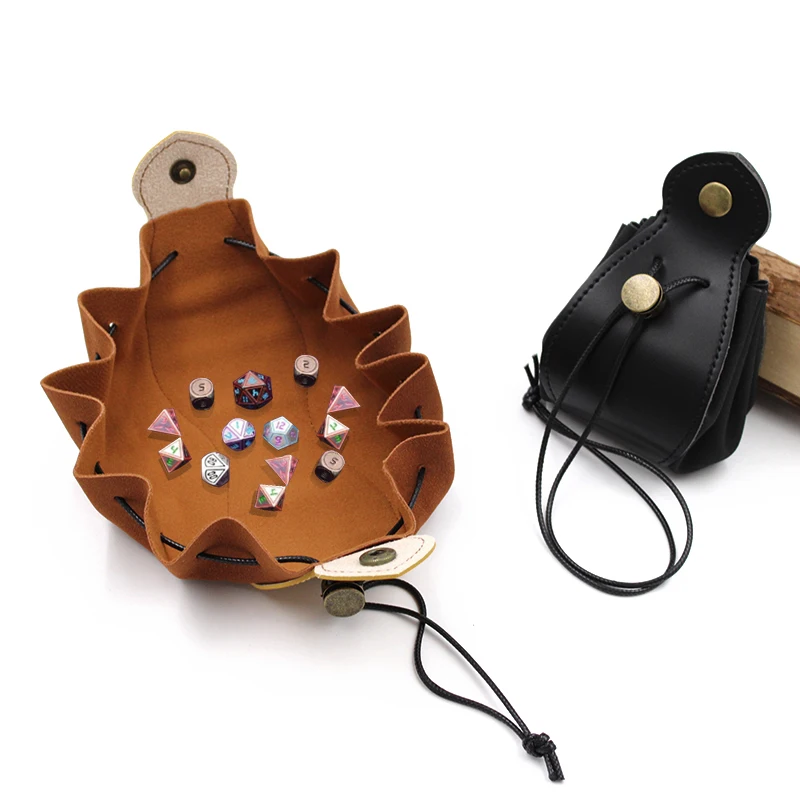 Foldable PU Leather Dice Bag Gaming DnD Dice Tray Drawstring Key Coin Pouch Bag