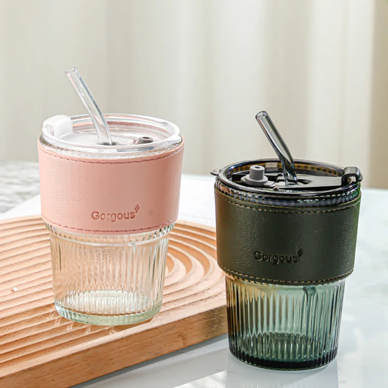 Wholesale Custom Logo Stripe Glass Coffee Cup 400ml Reusable Juice Milk Mug with Straws Lids