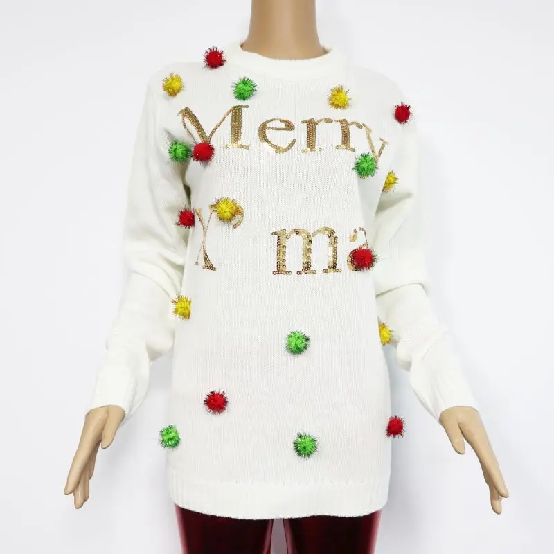
Ugly Christmas jacquard sweater sequin embroidery knit cardigan and winter Elf ,gift box, pullover with bells ,pompoms 