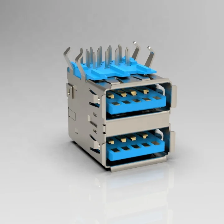 Hot Sale USB3.0 Female Double Connector  90 degree DIP 9 pin Free Sample 90 Degree DIP Plug-in USB 3.0 Type A Female Socket