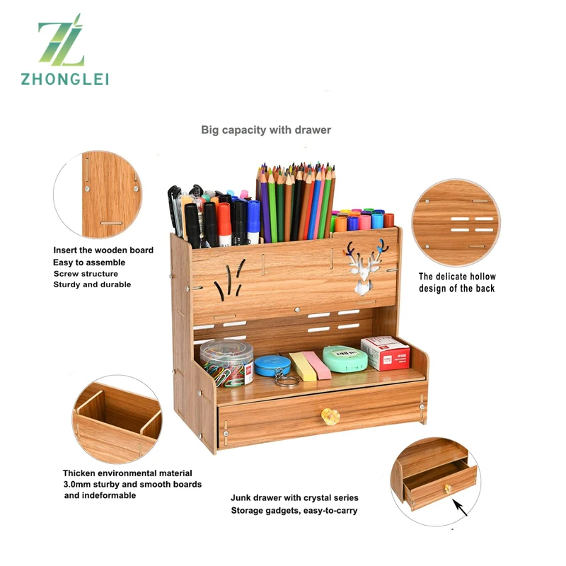 Деревянный органайзер для ручек, многофункциональный держатель для ручек «сделай сам», коробка, органайзер для художественных принадлежностей, настольное стационарное хранение с ящиком для офиса