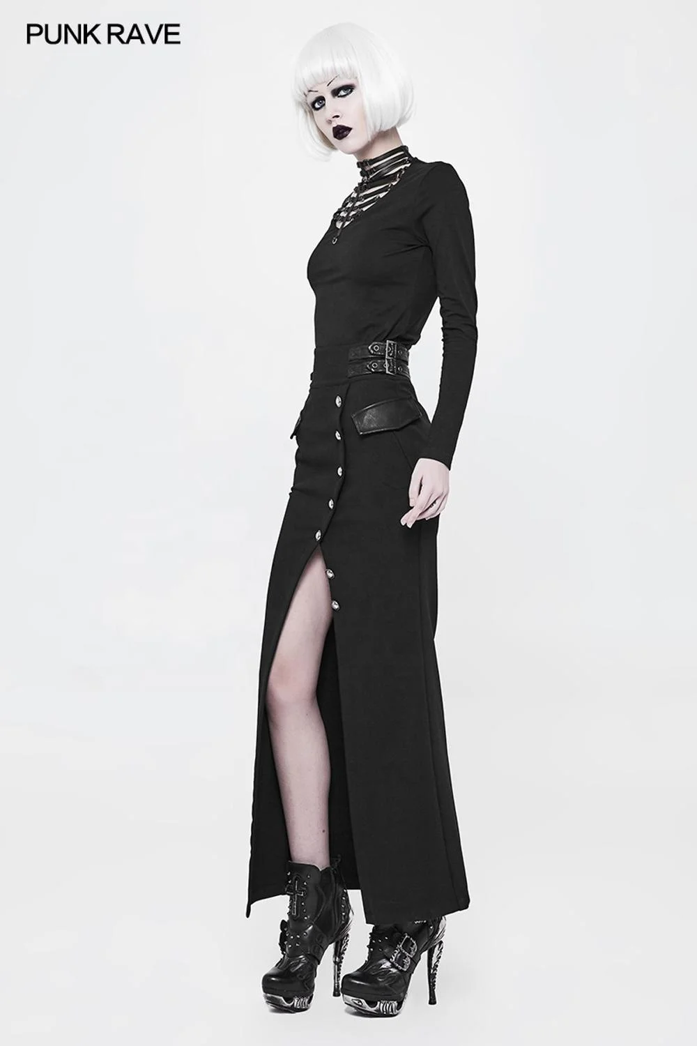 PUNK RAVE WQ-357 Original Design Victorian High PU Waist Long Fitted Black Millitary Women Dress
