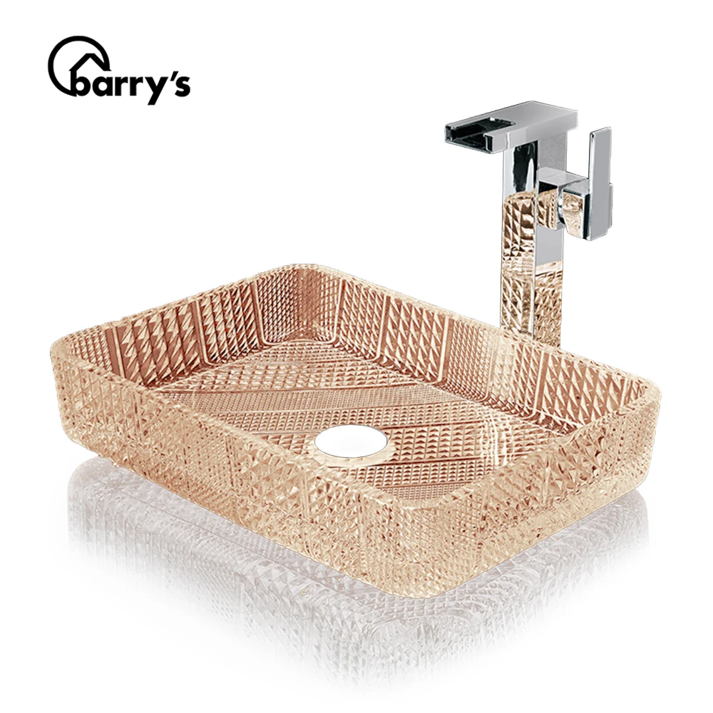 
Popular rectangle golden clear glass bathroom vanity counter top art sink basin 
