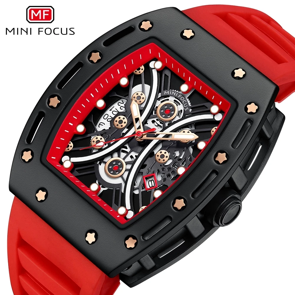 2022 MINI FOCUS MF0420G fashion  mens mechanical watch original Silicone band rectangle keep moving skeleton Casual wristwatch