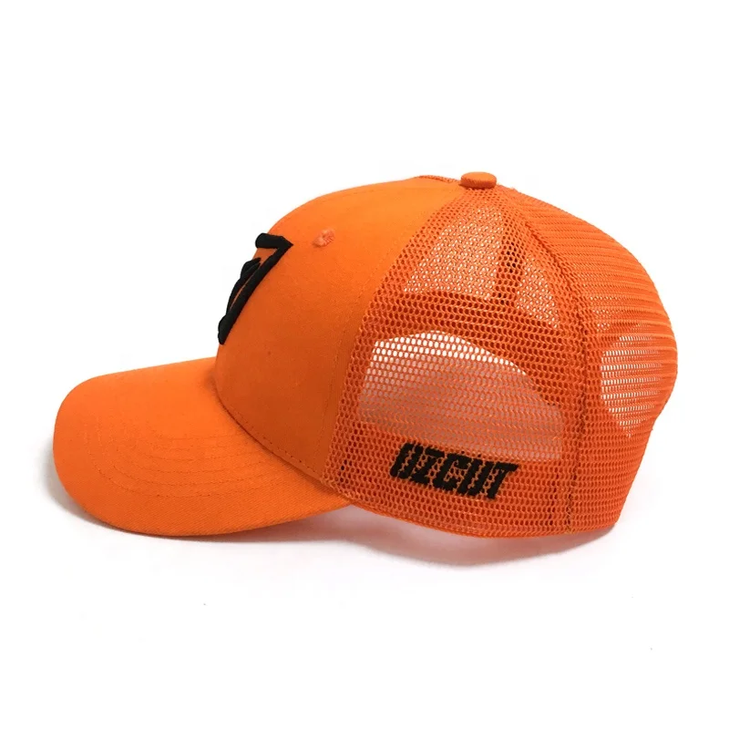 Customize blaze orange trucker cap, 3d embroidered custom trucker hat