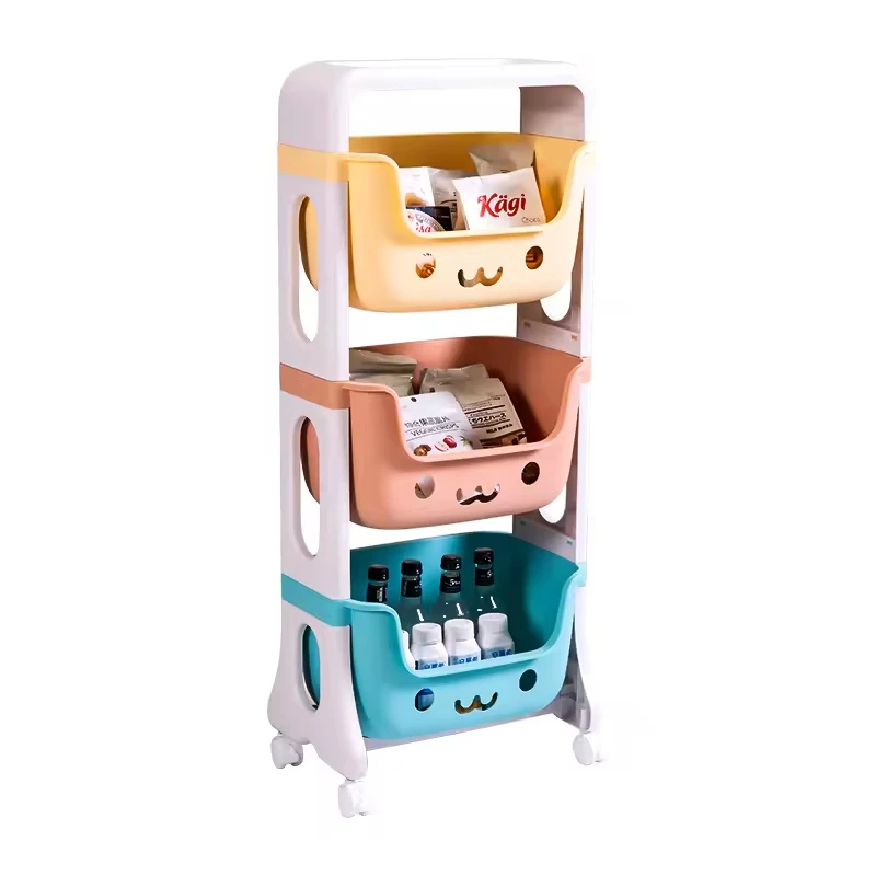 China Gold Supplier Movable 1-4 Layer Cartoon Smile Toy Organizer Trolley Plastic Kids Storage Rack With Wheels