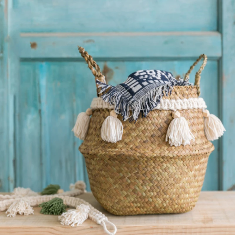 Macrame Tassels kitchen woven Storage Basket Seagrass Decorative Home laundry Osier Cestas Mimbre Organiser(L)