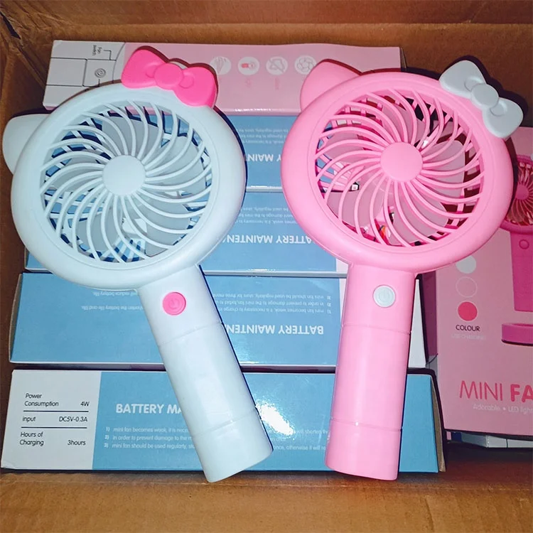 New cute pink kitty mini portable fan electric usb rechargeable LED light handheld fan