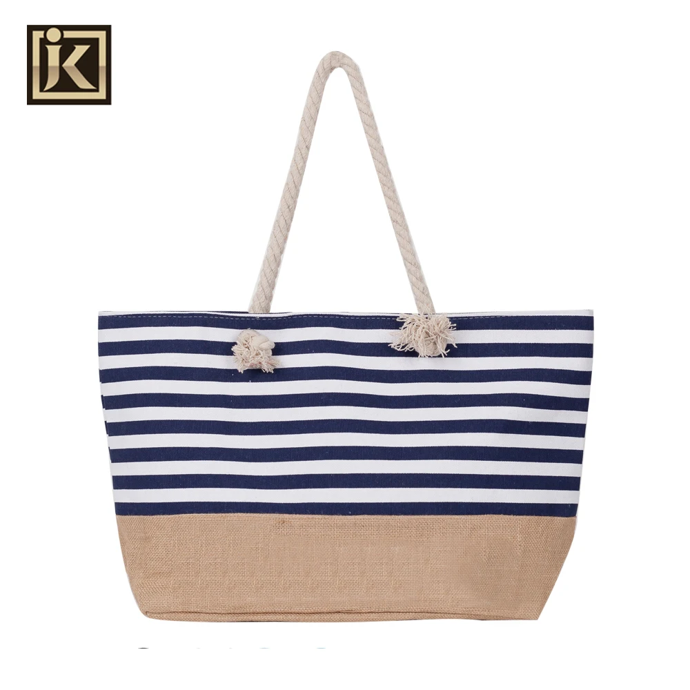 JAKIJAYI Custom Logo Navy Sailor Big Capacity Woven Eco Blue White Striped Beach Bag Artisan auto reset chip for artisan 837
