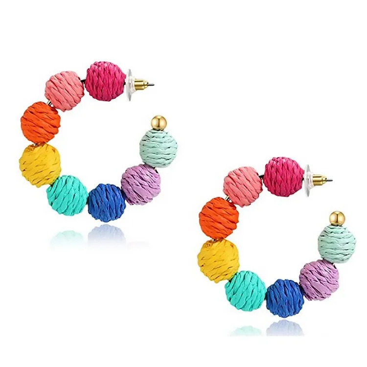 Wholesale Summer Boho Raffia Ball C Shape Chunky Hoop Dangle Earrings Straw Wicker Statement Earrings For Women Girls