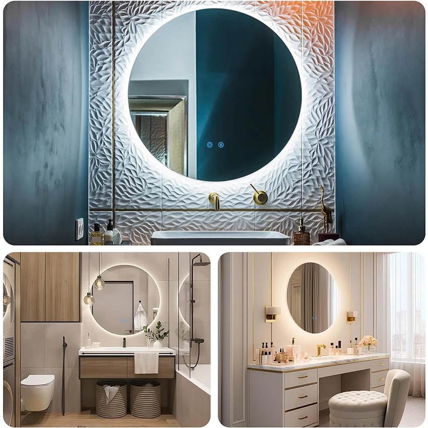 Modern round frameless LED smart touch switch unbreakable adhesive full length body large wall salon gym dressing decor mirror