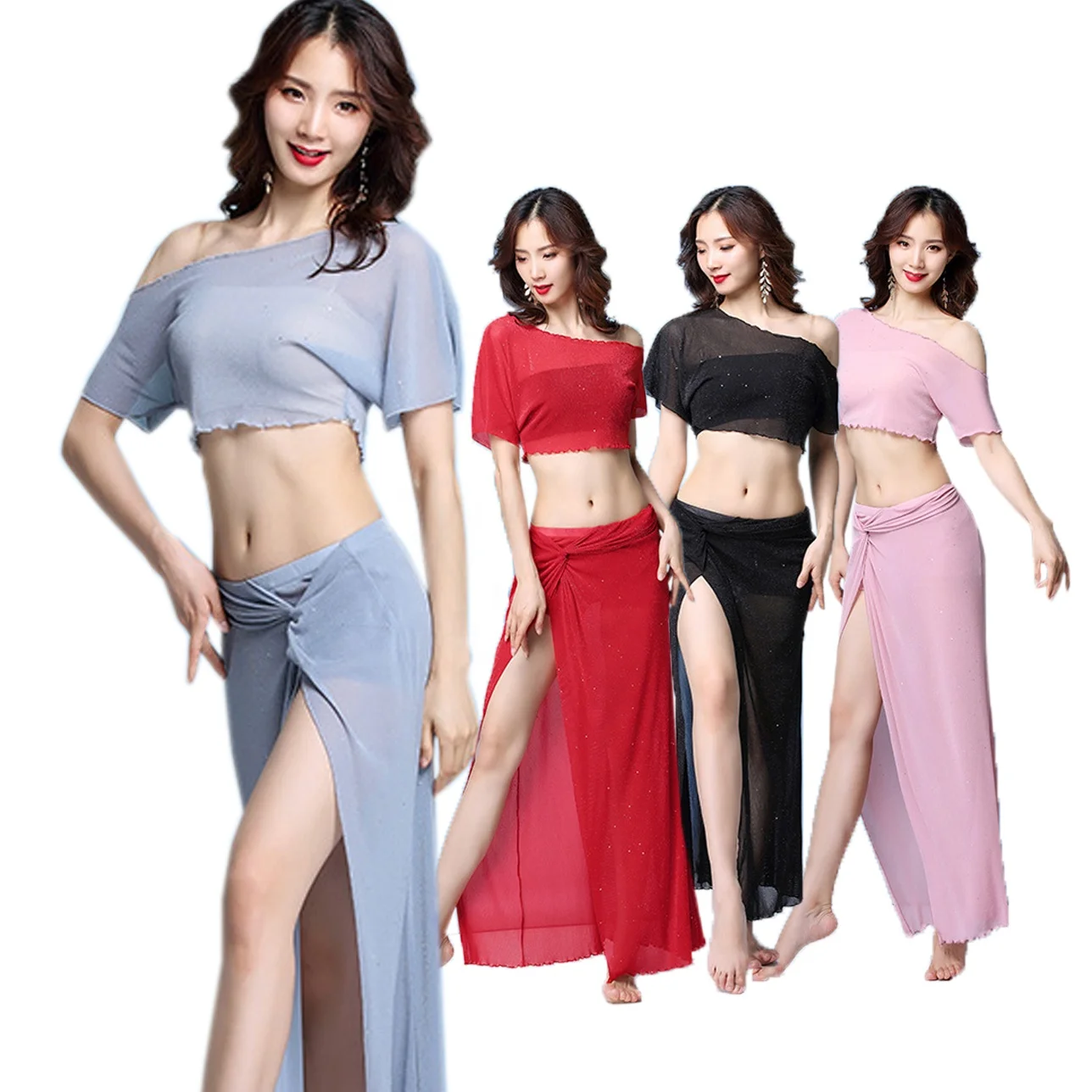 Костюм с длинной юбкой и высоким разрезом для занятий танцами