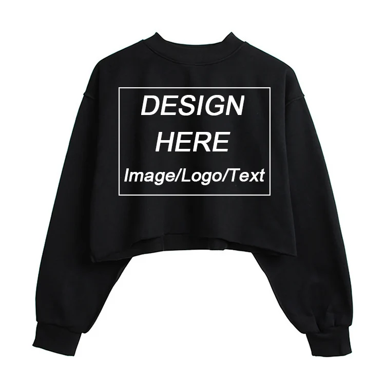 high quality custom logo fleece cotton crop pullover hoodies printing clothing crewneck black crop sweatshirt women