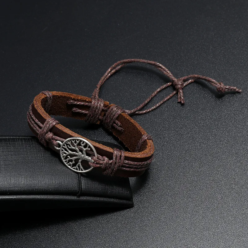 B01909 Handmade Leather Bracelet Vintage Style Braided Tree Life Charm Men Women Teen Boys Girls Adjustable Wrap Wristband Gift