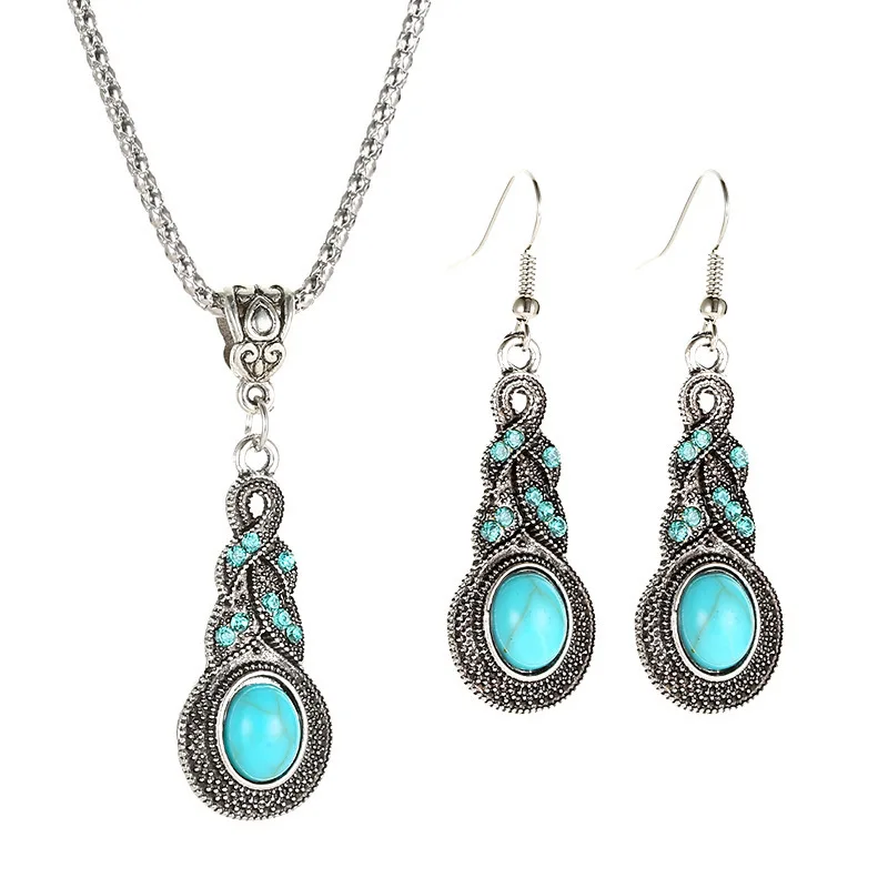 Bulk Wholesale Non Tarnish Vintage Long Bohemian Style Turquoise Girls Jewelry Necklaces & Stud Earrings Set For Women