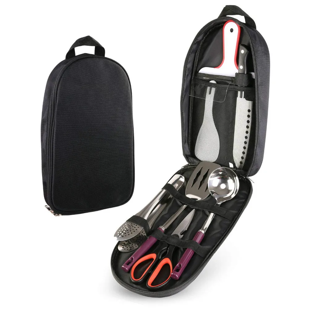 Portable 9-10 PCS Travel Camp Kitchen Utensil Organizer Case Set Knife Cutting Tool Bag