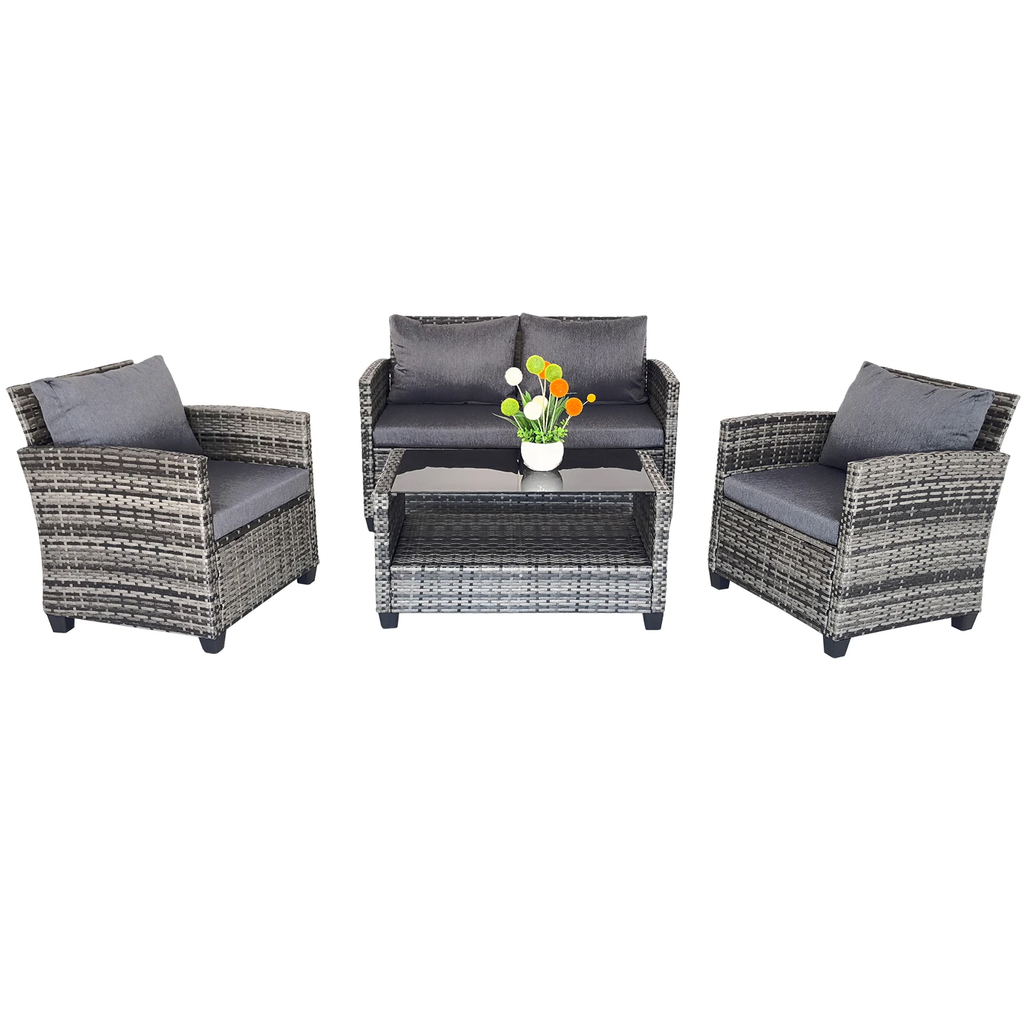 Wholesale Manufacture Set of 4 Leisure  Conversation Rattan Table and Chair with Plastic Feet