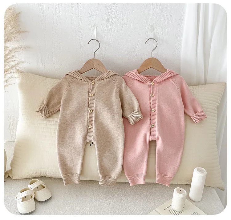 Spring autumn newborn baby girls knitted romper infant toddler long sleeve jumpsuit with rabbit ear clothing