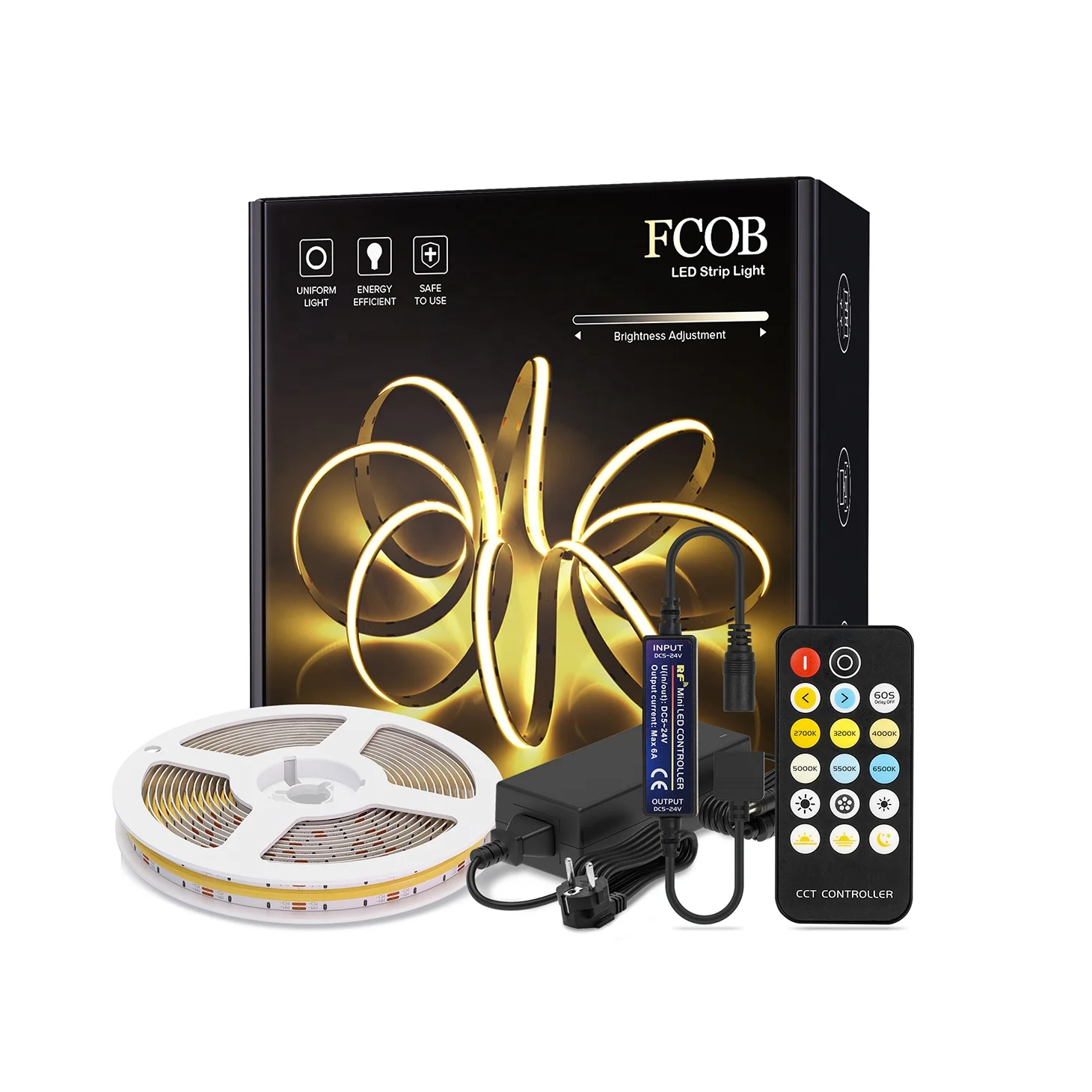 RF 17 Keys Dimmable FCOB CCT LED Light Strip Full Set High Density Flexible FOB COB Led Lights RA90 Warm White with White DC 24V