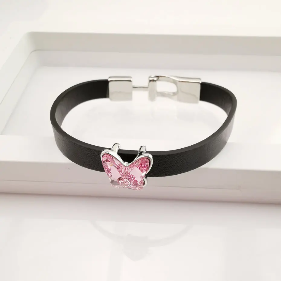 Personality Charm Fashion Black Leather Austrian Crystal Butterfly women Bracelet
