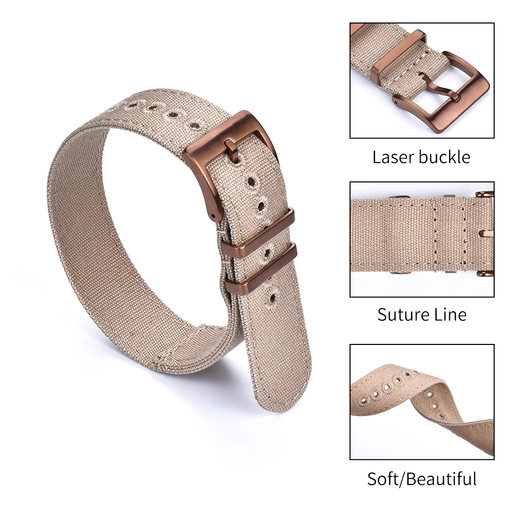 JUELONG Tan Stitching Eyelets Canvas Watch Band 18 20 22 24 Sail Cloth Bronze Buckle Watch Strap