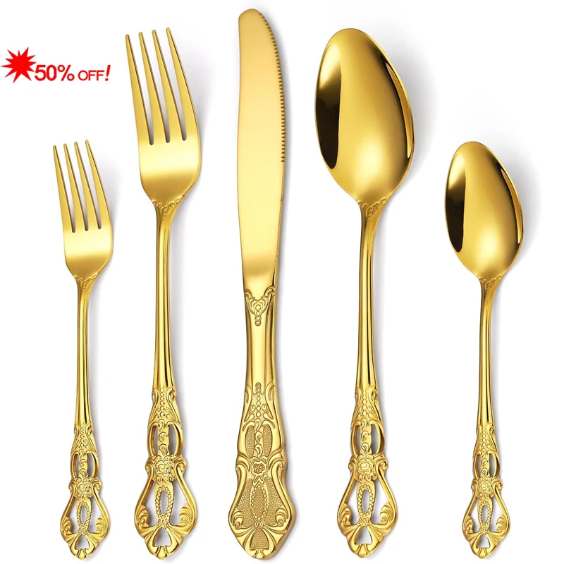 Court Style Royal Luxury Wedding Cutlery Spoon Fork Knife Stainless Steel Gold Silverware Set Vintage Flatware Sets For Rental
