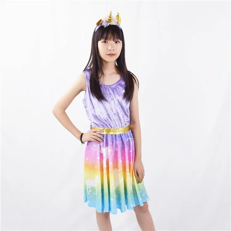 
New Design Kids Party Clothes Boutique Cute Girls Stage Clothing Rainbow Unicorn Dress 