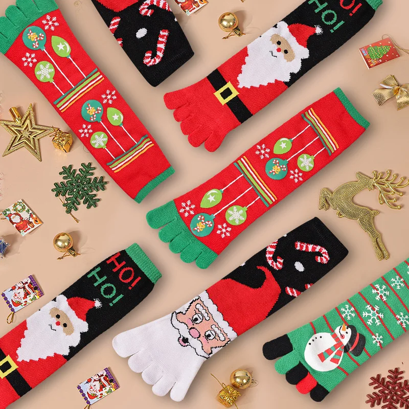 Winter Five finger socks long tube cartoon combed cotton split toe socks warm and sweat absorbing Christmas socks