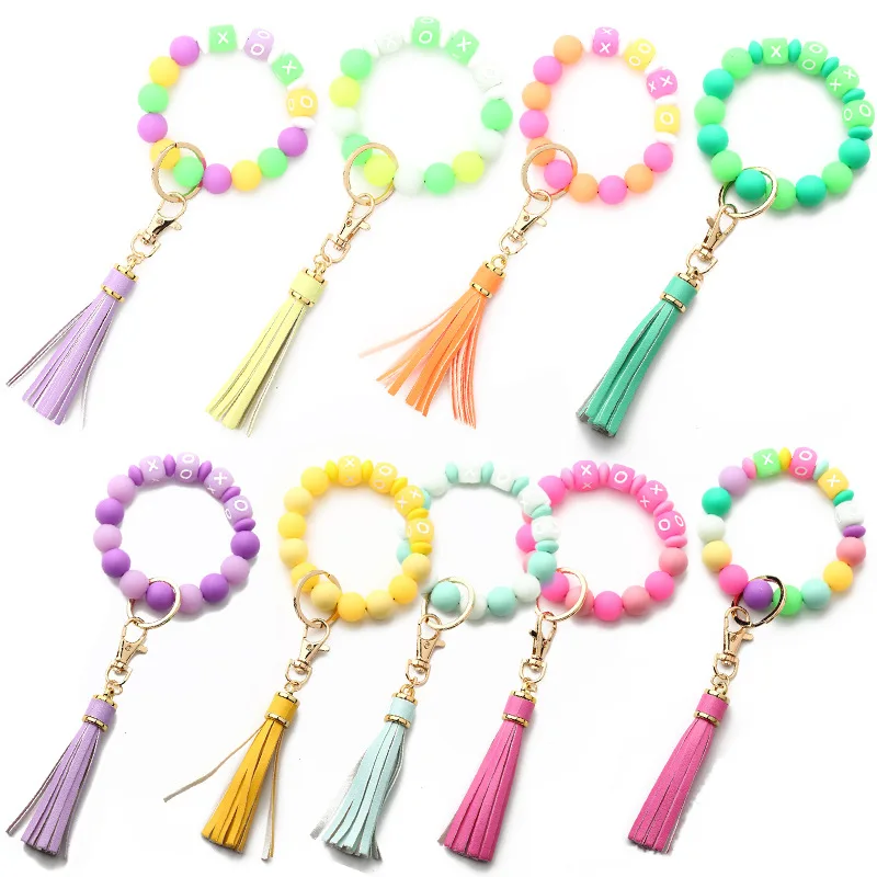 2022 Newest Colorful Letters Silicone Beads Bracelet Luminous Keychain Women Halloween Pendant Car Bangle Fluorescent Key Ring