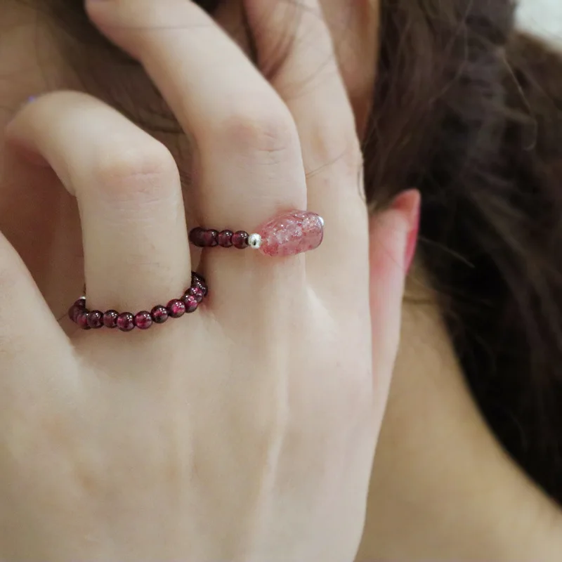 Natural crystal freshwater pearl tourmaline strawberry crystal do not fade elastic beaded ring