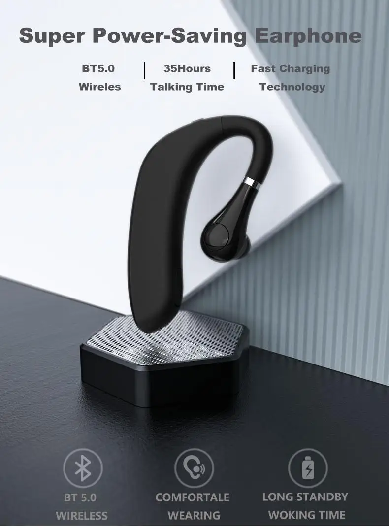 Ear-Hook BT5.0 Headset with Mic Lightweight Noise Cancelling Painless Wearing Earphones  Hi-Fi stereo single  earset
