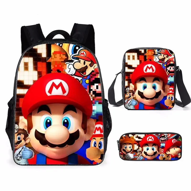 Cute Super Mario Print School Backpack 3-piece set Schoolbag with Lunch Bag Pencil Case Mario Schoolbag Kids Set
