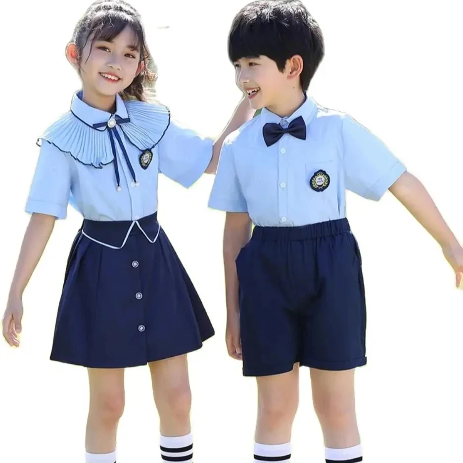 New style collar blouse short sleeve primary school summer clothing customized kids school uniforms for graduation season cloth
