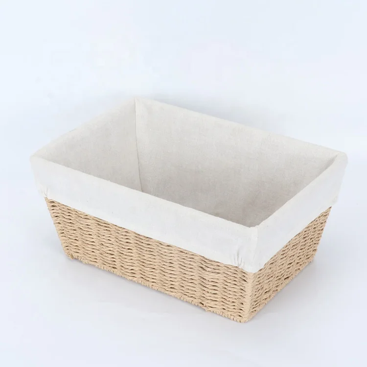 Linyi factory paper rope woven pantry storage basket environmental paper rope fabric lining metal storage basket
