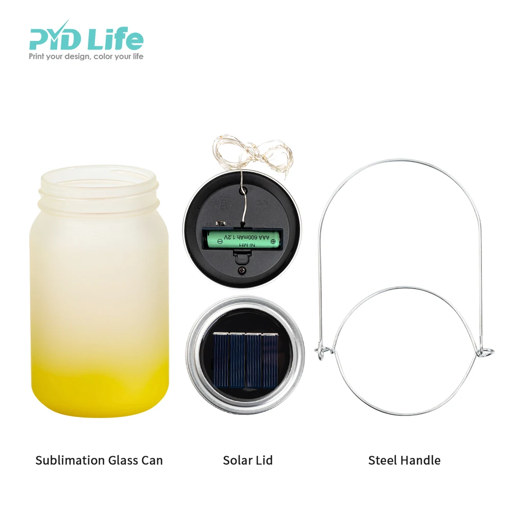 PYD Life 15 oz Bulk Drinking Glass Waterproof Camping Solar Sublimation Led Solar Mason Fairy Jar Lids Light Led with Handles