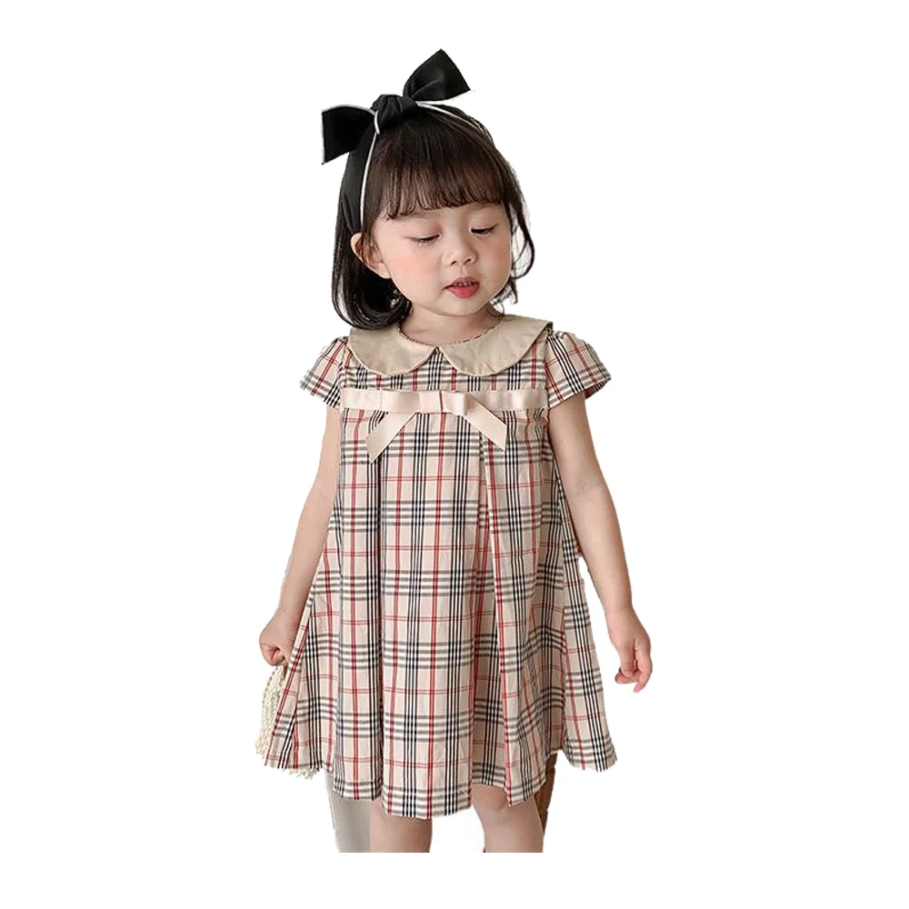 Summer Korean Designs Cute Baby Girls Plaid Dress with Peter Pan Collar Girls Clothing Dress for Little School Girls