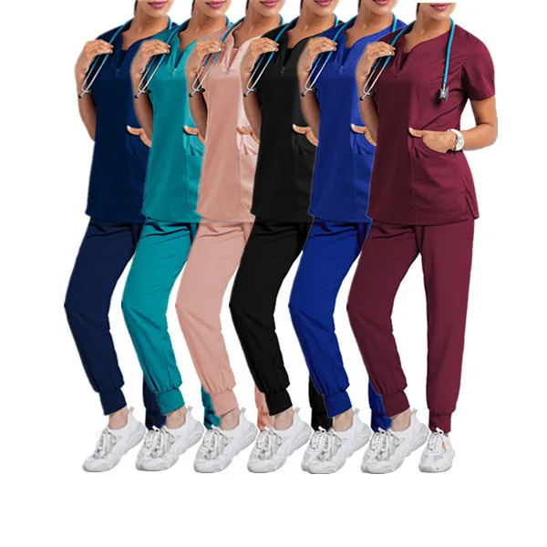 Custom logo elastic women hospital uniforms scrubs sets men women medical lab coats nurse scrubs sets top pants