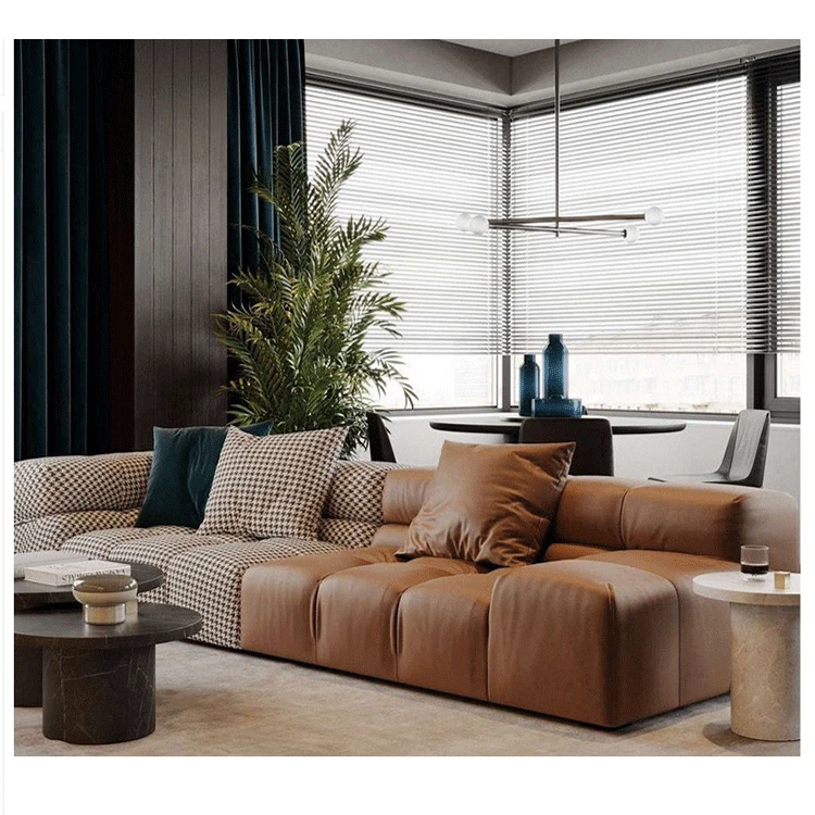 wholesale furniture tufted corner sleeper couch, chaise modern Italian design leather beige sectional modular sofa