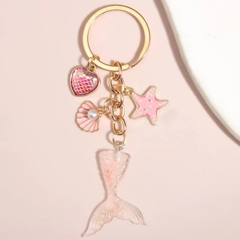 mermaid princess shell starfish conch fish coconut tree pendant keychain
